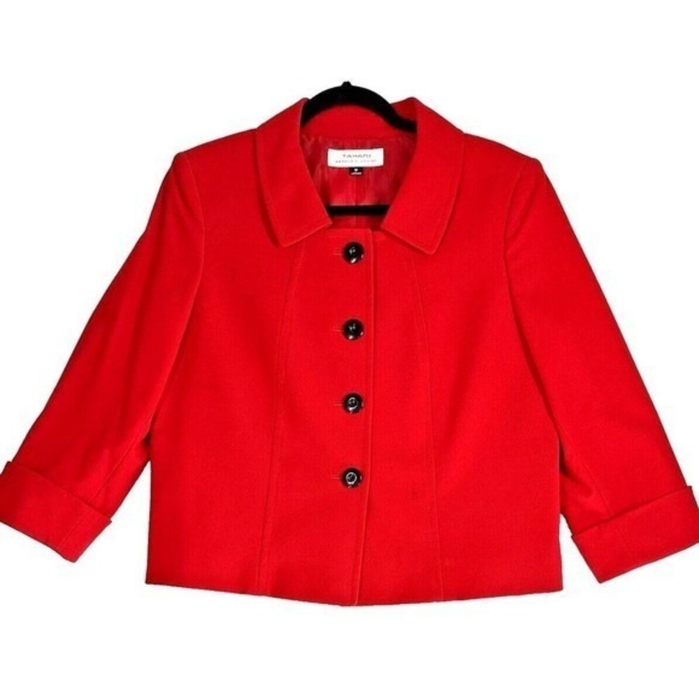 Tahari Arthur S Levine Blazer Womens 12 Red Cropped 3/4 Sleeve Button Front